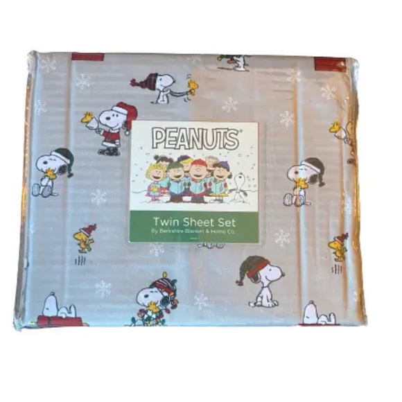 Peanuts Santa Snoopy Christmas Tree Lights Twin Sheet Set Grey Bell Wreaths - Picture 1 of 3